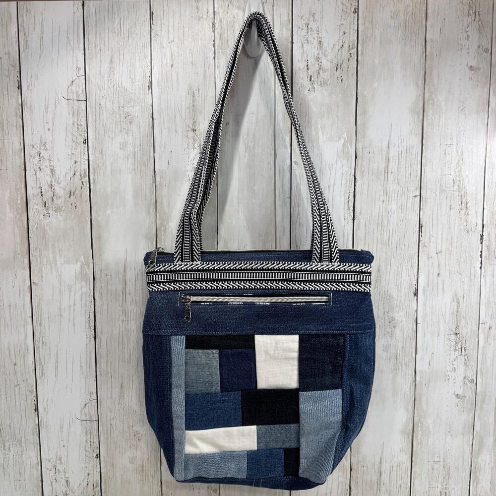 Denim Patchwork Zippered Tote Bag, Blue, Black, White